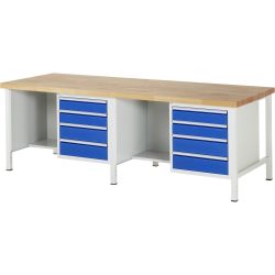 RAU Werkbank Serie 8000, 2 Container, HxBxT 840-1.040 x 2.500 x 900 mm, 8 x 100%-Auszug-Schubladen