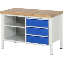 RAU Werkbank Serie 8000, 1 Doppel-Container, 1 Fachboden, HxBxT 840-1.040 x 1.250 x 700 mm, 3 x 100%-Auszug-Schubladen, ErgoScript