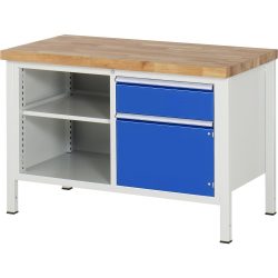 RAU Werkbank Serie 8000, 1 Doppel-Container, 1 Fachboden, 1 Flügeltür, HxBxT 840-1.040 x 1.250 x 700 mm, 1 x 100%-Auszug-Schublade, ErgoScript