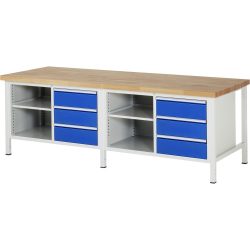 RAU Werkbank Serie 8000, 2 Doppel-Container, 2 Fachböden, HxBxT 840-1.040 x 2.500 x 900 mm, 6 x 100%-Auszug-Schubladen 6 x 180 mm