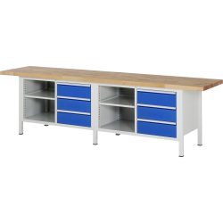 RAU Werkbank Serie 8000, 2 Doppel-Container, 2 Fachböden, HxBxT 840-1.040 x 3.000 x 700 mm, 6 x 100%-Auszug-Schubladen 6 x 180 mm
