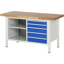 RAU Werkbank Serie 8000, 1 Doppel-Container, 1 Fachboden, HxBxT 840 x 1.500 x 700 mm, 5 x 90%-Auszug-Schubladen