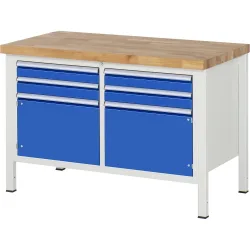 RAU Werkbank Serie 8000, 1 Doppel-Container, 2 Flügeltüren, HxBxT 840-1.040 x 1.250 x 700 mm, 4 x 90%-Auszug-Schubladen