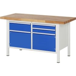 RAU Werkbank Serie 8000, 1 Doppel-Container, 2 Flügeltüren, HxBxT 840-1.040 x 1.500 x 700 mm, 3 x 90%-Auszug-Schubladen