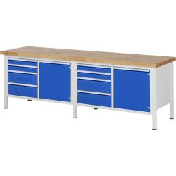 RAU Werkbank Serie 8000, 2 Doppel-Container, 2 Flügeltüren, HxBxT 840-1.040 x 2.500 x 700 mm, 8 x 100%-Auszug-Schubladen