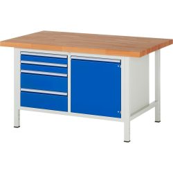 RAU Werkbank Serie 8000, 1 Doppel-Container, 1 Fachboden, 1 Flügeltür, HxBxT 840-1.040 x 1.500 x 900 mm, 4 x 90%-Auszug-Schubladen