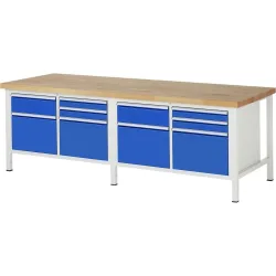 RAU Werkbank Serie 8000, 2 Doppel-Container, HxBxT 840-1.040 x 2.500 x 900 mm, 10 x 90%-Auszug-Schubladen