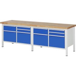 RAU Werkbank Serie 8000, 2 Doppel-Container, HxBxT 840-1.040 x 2.500 x 700 mm, 10 x 90%-Auszug-Schubladen
