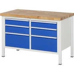 RAU Werkbank Serie 8000, 1 Doppel-Container, HxBxT 840 x 1.250 x 700 mm, 6 x 100%-Auszug-Schubladen 2 x 120, 2 x 150, 2 x 270 mm, Schubladen-TK 100 kg