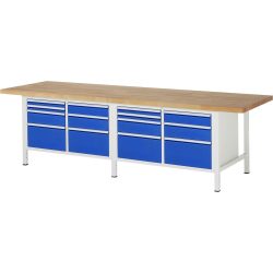 RAU Werkbank Serie 8000, 2 Doppel-Container, HxBxT 840-1.040 x 3.000 x 900 mm, 14 x 100%-Auszug-Schubladen