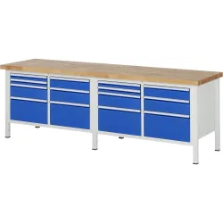 RAU Werkbank Serie 8000, 2 Doppel-Container, HxBxT 840 x 2.500 x 700 mm, 14 x 90%-Auszug-Schubladen