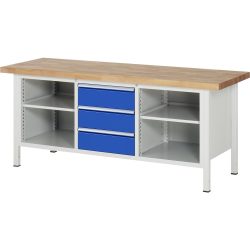 RAU Werkbank Serie 8000, 1 Dreifach-Container, 2 Fachböden, HxBxT 840 x 2.000 x 700 mm, 3 x 100%-Auszug-Schubladen