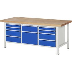RAU Werkbank Serie 8000, 1 Dreifach-Container, HxBxT 840-1.040 x 2.000 x 900 mm, 10 x 100%-Auszug-Schubladen 4 x 90, 5 x 180, 1 x 360 mm, Schubladen-TK 100 kg