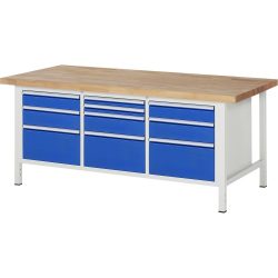 RAU Werkbank Serie 8000, 1 Dreifach-Container, HxBxT 840-1.040 x 2.000 x 900 mm, 10 x 90%-Auszug-Schubladen 2 x 60, 2 x 120, 3 x 150, 3 x 270 mm, Schubladen-TK 100 kg