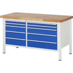 RAU Werkbank Serie 8000, 1 Doppel-Container, HxBxT 840 x 1.500 x 700 mm, 10 x 90%-Auszug-Schubladen, Schubladen-TK 75/100 kg