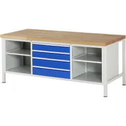 RAU Werkbank Serie 8000, 1 Dreifach-Container, 2 Fachböden, HxBxT 840-1.040 x 2.000 x 900 mm, 4 x 100%-Auszug-Schubladen, Schubladen-TK 75 kg