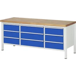 RAU Werkbank Serie 8000, 1 Dreifach-Container, HxBxT 840 x 2.000 x 700 mm, 9 x 100%-Auszug-Schubladen 9 x 180 mm, Schubladen-TK 75/100 kg