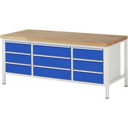 RAU Werkbank Serie 8000, 1 Dreifach-Container, HxBxT 840 x 2.000 x 900 mm, 9 x 100%-Auszug-Schubladen 9 x 180 mm, Schubladen-TK 75/100 kg