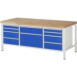 RAU Werkbank Serie 8000, 1 Dreifach-Container, HxBxT 840 x 2.000 x 900 mm, 10 x 100%-Auszug-Schubladen 4 x 90, 5 x 180, 1 x 360 mm, Schubladen-TK 75/100 kg