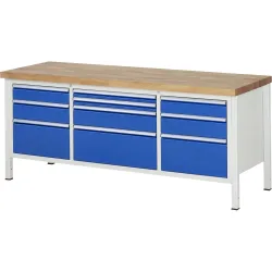 RAU Werkbank Serie 8000, 1 Dreifach-Container, HxBxT 840-1.040 x 2.000 x 700 mm, 10 x 100%-Auszug-Schubladen 2 x 60, 2 x 120, 3 x 150, 3 x 270 mm, Schubladen-TK 75/100 kg