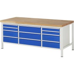 RAU Werkbank Serie 8000, 1 Dreifach-Container, HxBxT 840-1.040 x 2.000 x 900 mm, 11 Schublade 4 x 90, 7 x 180 mm, Schubladen-TK 100/75 kg
