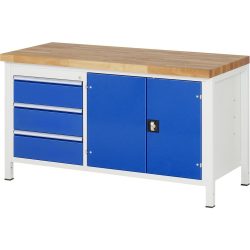 RAU Werkbank Serie 8000, 1 Doppel-Container, 1 Fachboden, 1 Doppel-Flügeltür, HxBxT 840-1.040 x 1.500 x 700 mm, 3 x 100%-Auszug-Schubladen