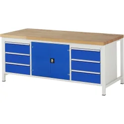 RAU Werkbank Serie 8000, 1 Dreifach-Container, 1 Doppel-Flügeltür, HxBxT 840 x 2.000 x 900 mm, 6 x 90%-Auszug-Schubladen 6 x 180 mm