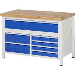 RAU Werkbank Serie 8000, 1 Dreifach-Container, HxBxT 840 x 1.250 x 700 mm, 7 x 90%-Auszug-Schubladen 4 x 90, 3 x 180 mm
