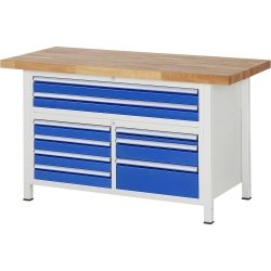 RAU Werkbank Serie 8000, 1 Dreifach-Container, HxBxT 840 x 1.500 x 700 mm, 9 x 100%-Auszug-Schubladen 1 x 60, 6 x 90, 1 x 120, 1 x 180 mm, Schubladen-TK 100/50 kg