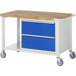 RAU mobile Werkbank Serie 8000, 1 Ablageboden, HxBxT 880-1.080 x 1.250 x 700 mm, 2 x 100%-Auszug-Schubladen