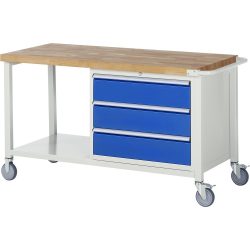 RAU mobile Werkbank Serie 8000, 1 Ablageboden, HxBxT 880 x 1.500 x 700 mm, 3 x 90%-Auszug-Schubladen, Breite 680 mm