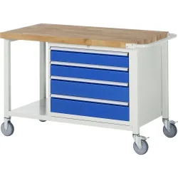 RAU mobile Werkbank Serie 8000, 1 Ablageboden, HxBxT 880-1.080 x 1.250 x 700 mm, 4 x 100%-Auszug-Schubladen, Breite 680 mm