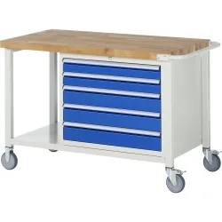 RAU mobile Werkbank Serie 8000, 1 Ablageboden, HxBxT 880 x 1.250 x 700 mm, 5 x 90%-Auszug-Schubladen, Breite 680 mm