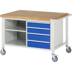 RAU mobile Werkbank Serie 8000, 1 Doppel-Container, 1 Fachboden, HxBxT 880-1.080 x 1.250 x 900 mm, 4 x 100%-Auszug-Schubladen