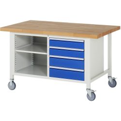 RAU mobile Werkbank Serie 8000, 1 Doppel-Container, 1 Fachboden, HxBxT 880-1.080 x 1.500 x 900 mm, 4 x 90%-Auszug-Schubladen