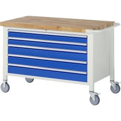 RAU mobile Werkbank Serie 8000, 1 Container, HxBxT 880-1.080 x 1.250 x 700 mm, 5 x 100%-Auszug-Schubladen, Breite 1.055 mm