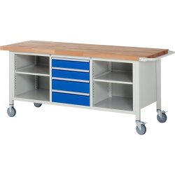 RAU mobile Werkbank Serie 8000, 1 Dreifach-Container, 2 Fachböden, HxBxT 880 x 2.000 x 700 mm, 4 x 100%-Auszug-Schubladen