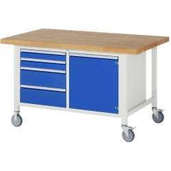 RAU mobile Werkbank Serie 8000, 1 Doppel-Container, 1 Flügeltür, HxBxT 880 x 1.500 x 900 mm, 4 x 90%-Auszug-Schubladen