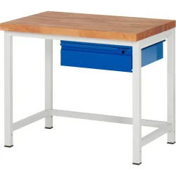 RAU Werkbank Serie 8000, Buche-Massiv-Arbeitsplatte, Stärke 40 mm, HxBxT 840-1.040 x 1.000 x 700 mm, 1 Schublade 1 x 150 mm