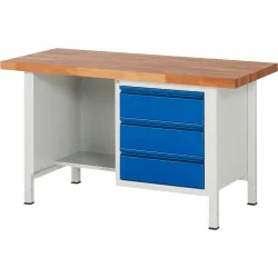 RAU Werkbank Serie 8000, 1 Ablageboden, HxBxT 840 x 1.500 x 700 mm, 3 x 90%-Auszug-Schubladen