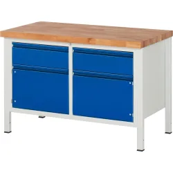 RAU Werkbank Serie 8000, 1 Doppel-Container, 2 Flügeltüren, HxBxT 840-1.040 x 1.250 x 700 mm, 2 x 90%-Auszug-Schubladen, Griffleiste