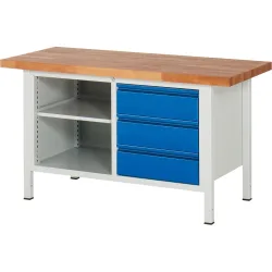 RAU Werkbank Serie 8000, 1 Doppel-Container, 1 Fachboden, HxBxT 840 x 1.500 x 700 mm, 3 x 90%-Auszug-Schubladen, Griffleiste