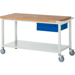 RAU mobile Werkbank Serie 8000, Buche-Massiv-Arbeitsplatte, Stärke 40 mm, HxBxT 880 x 1.500 x 700 mm, 1 Schublade, 1 Ablageboden