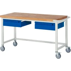 RAU mobile Werkbank Serie 8000, Buche-Massiv-Arbeitsplatte, Stärke 40 mm, HxBxT 880 x 1.500 x 700 mm, 2 Schubladen