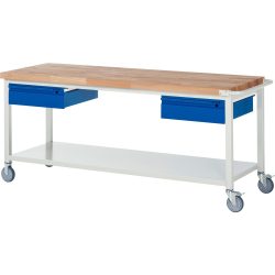 RAU mobile Werkbank Serie 8000, Buche-Massiv-Arbeitsplatte, Stärke 40 mm, HxBxT 880 x 2.000 x 700 mm, 2 Schubladen, 1 Ablageboden