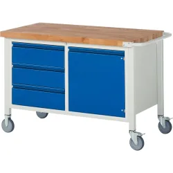RAU mobile Werkbank Serie 8000, 1 Doppel-Container, 1 Flügeltür, HxBxT 880 x 1.250 x 700 mm, 3 x 90%-Auszug-Schubladen, integrierte Griffleiste