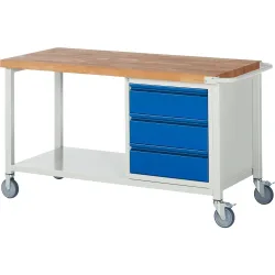 RAU mobile Werkbank Serie 8000, HxBxT 880 x 1.500 x 700 mm, 1 Container, 1 Ablageboden, 3 Schubladen