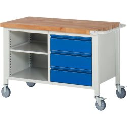 RAU mobile Werkbank Serie 8000, 1 Doppel-Container, 1 Fachboden, HxBxT 880 x 1.250 x 700 mm, 3 x 90%-Auszug-Schubladen, integrierte Griffleiste