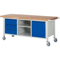 RAU mobile Werkbank Serie 8000, 1 Dreifach-Container, 1 Fachboden, 1 Flügeltür, HxBxT 880 x 2.000 x 700 mm, 3 x 90%-Auszug-Schubladen, integrierte Griffleiste