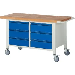 RAU mobile Werkbank Serie 8000, 1 Doppel-Container, HxBxT 880 x 1.500 x 700 mm, 6 x 90%-Auszug-Schubladen, integrierte Griffleiste